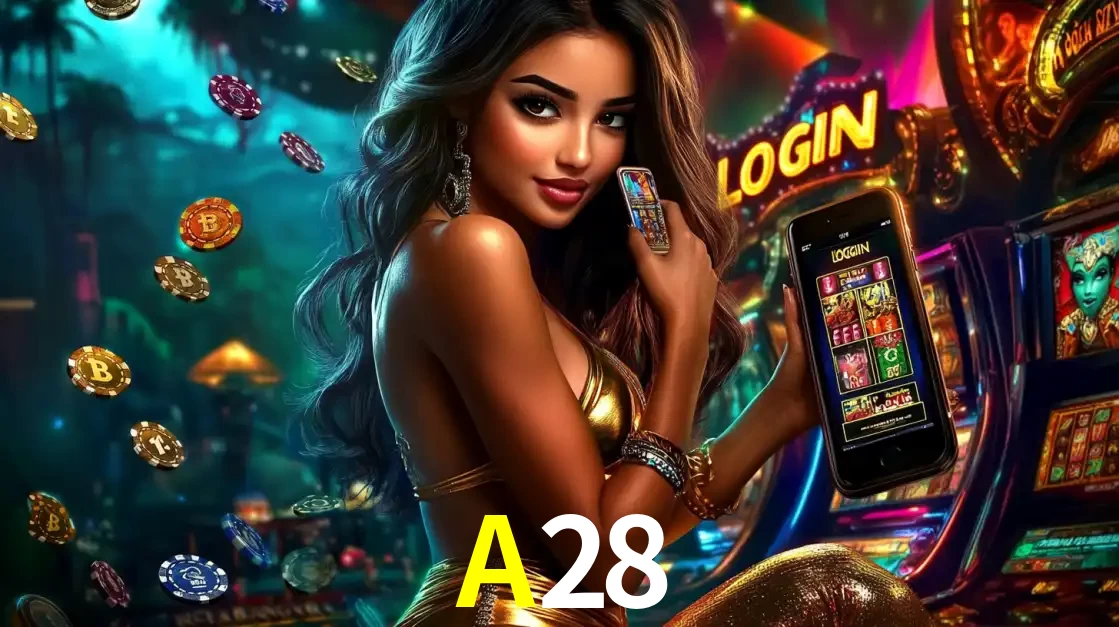 Mulher em um cenário de cassino temático de aventura, mostrando o app de caça-níqueis da A28 no celular. Fichas de apostas flutuam ao redor.