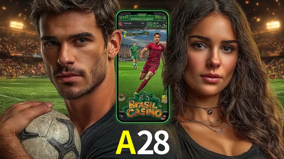 Homem segurando uma bola de futebol e uma mulher ao lado de um smartphone exibindo o jogo de apostas esportivas da A28. Faça seu palpite no cassino online.
